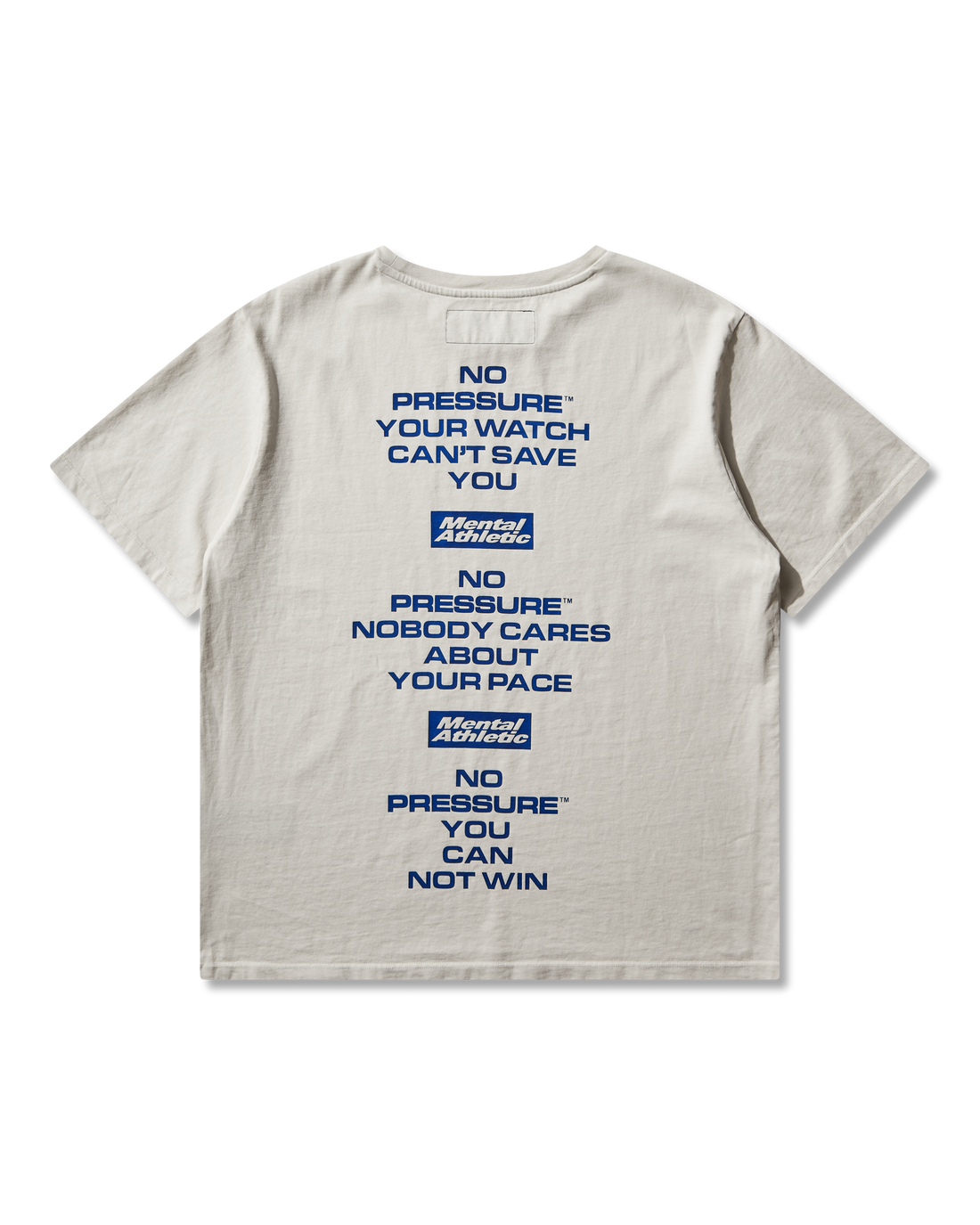 Mental Athletic x Pressure off-white t-shirt with blue statement text graphic on back, full back view.