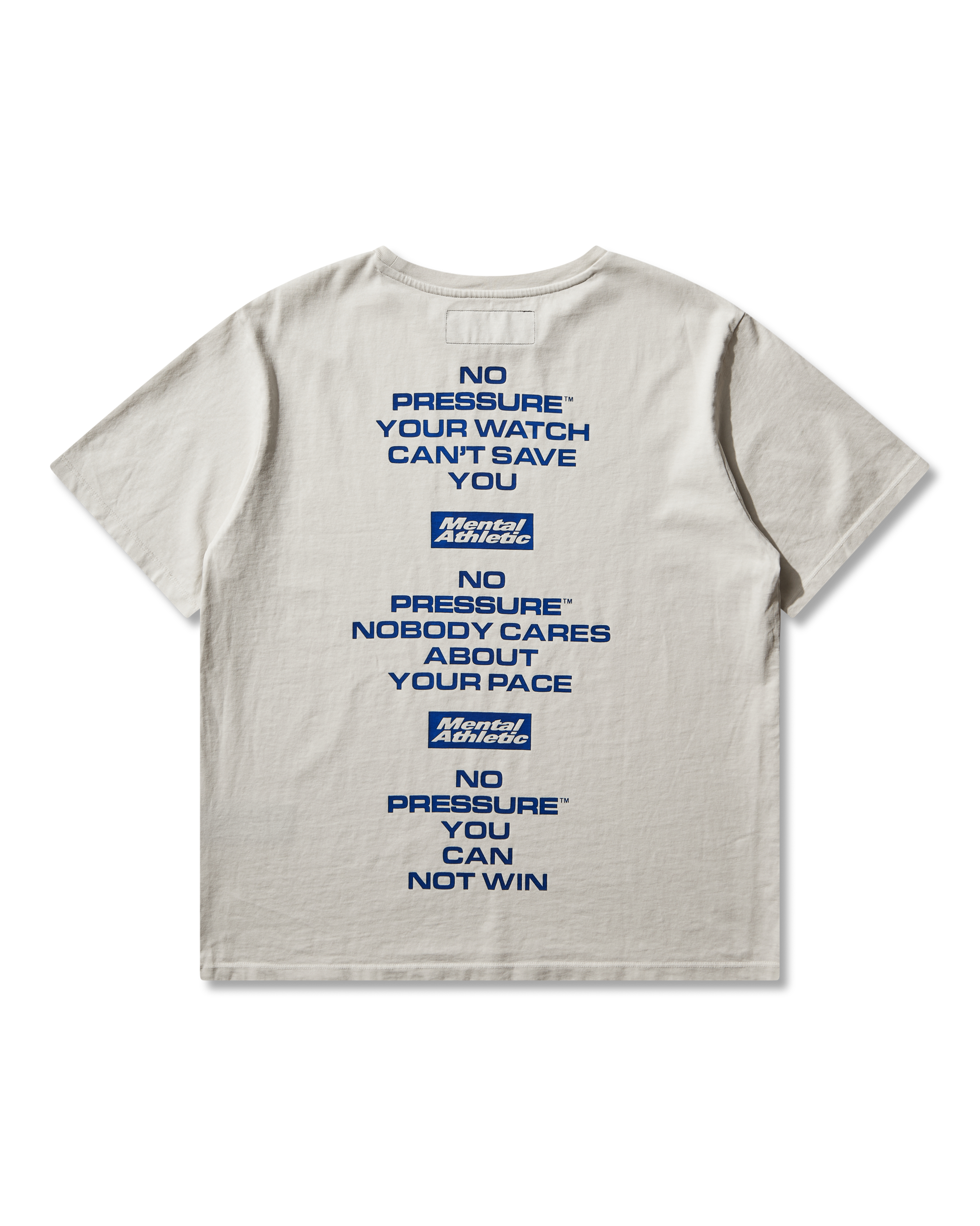 Mental Athletic x Pressure off-white t-shirt with blue statement text graphic on back, full back view.