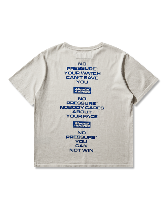 Mental Athletic x Pressure off-white t-shirt with blue statement text graphic on back, full back view.