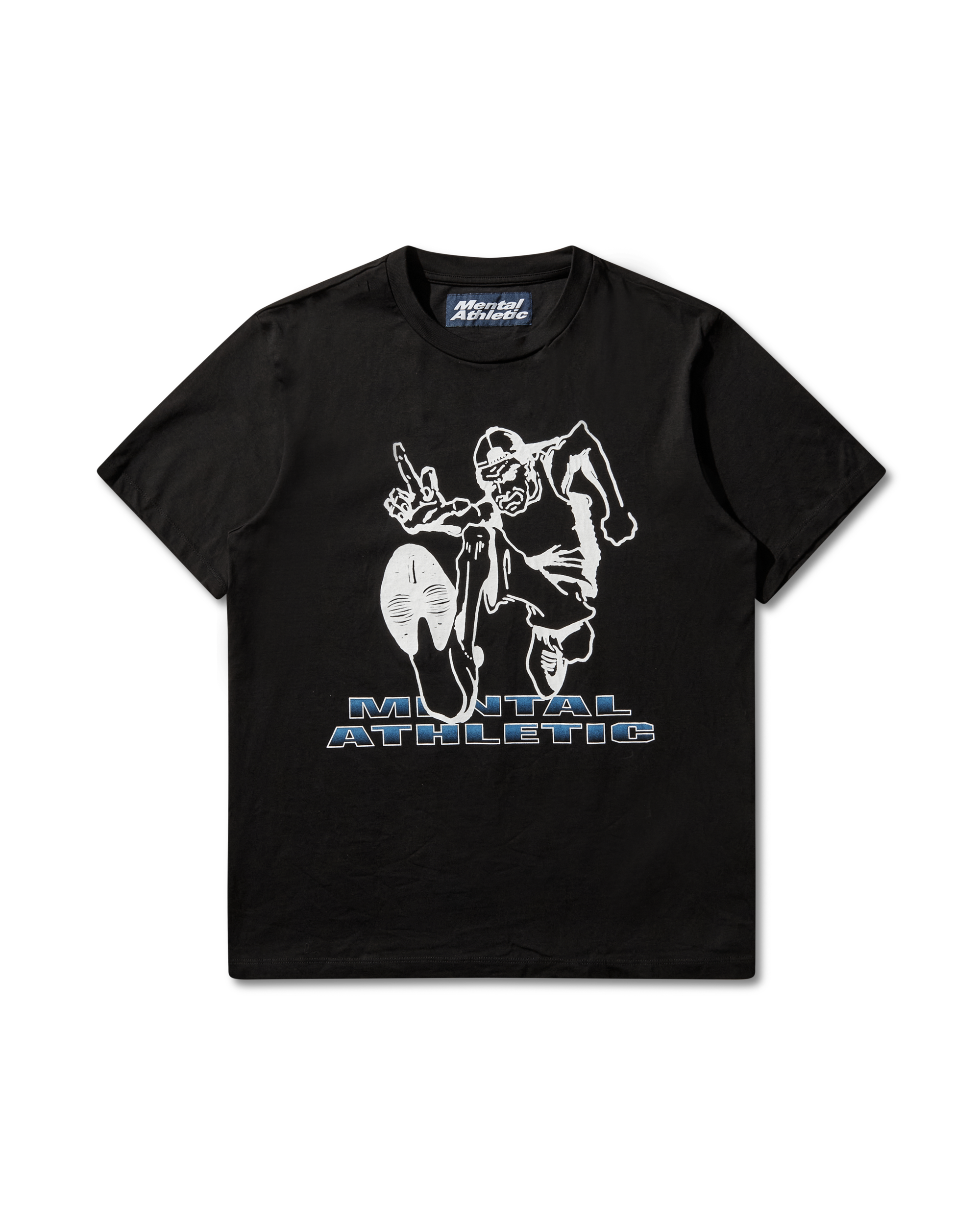 Mental Athletic “Tokyo Calling” black t-shirt with running character graphic and blue logo print, full front view.