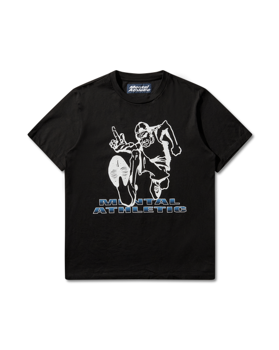 Mental Athletic “Tokyo Calling” black t-shirt with running character graphic and blue logo print, full front view.