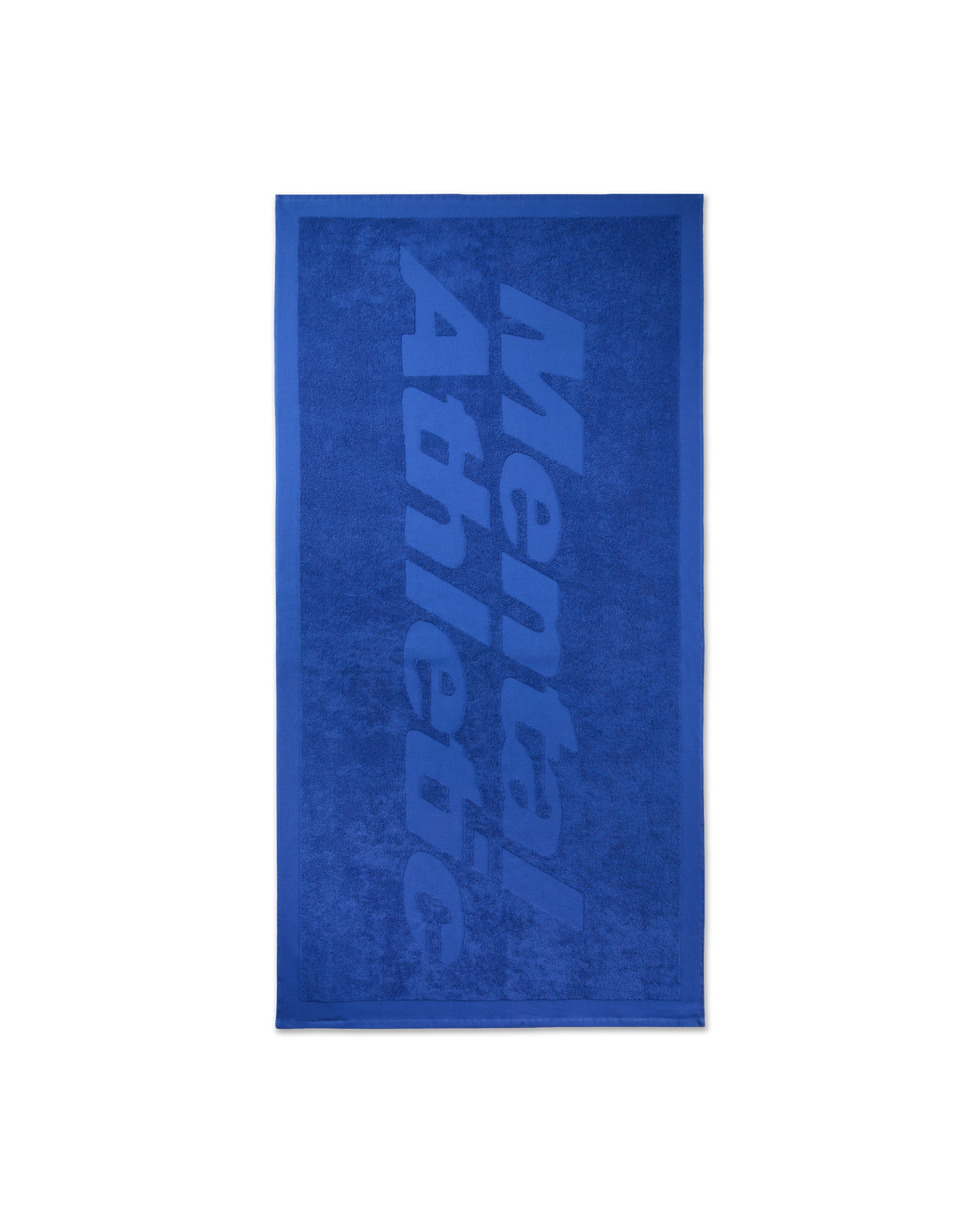 Front view of the blue Mental Athletic jacquard towel, featuring a large tone-on-tone logo across the surface.