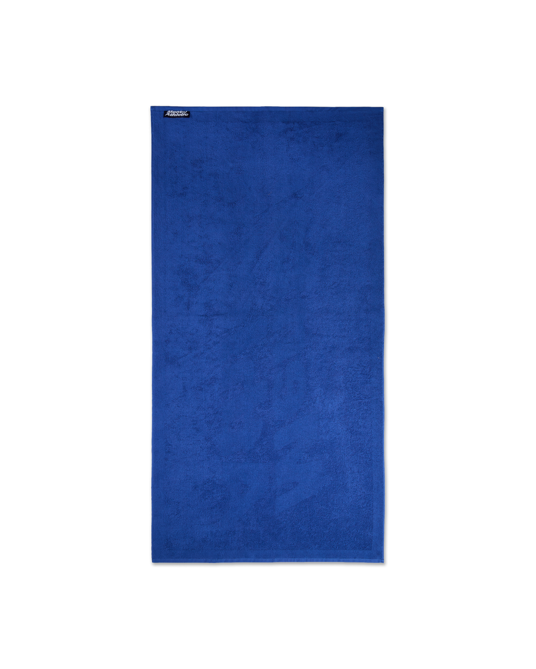 Full-length view of the blue cotton terry towel with a tonal Mental Athletic jacquard design.