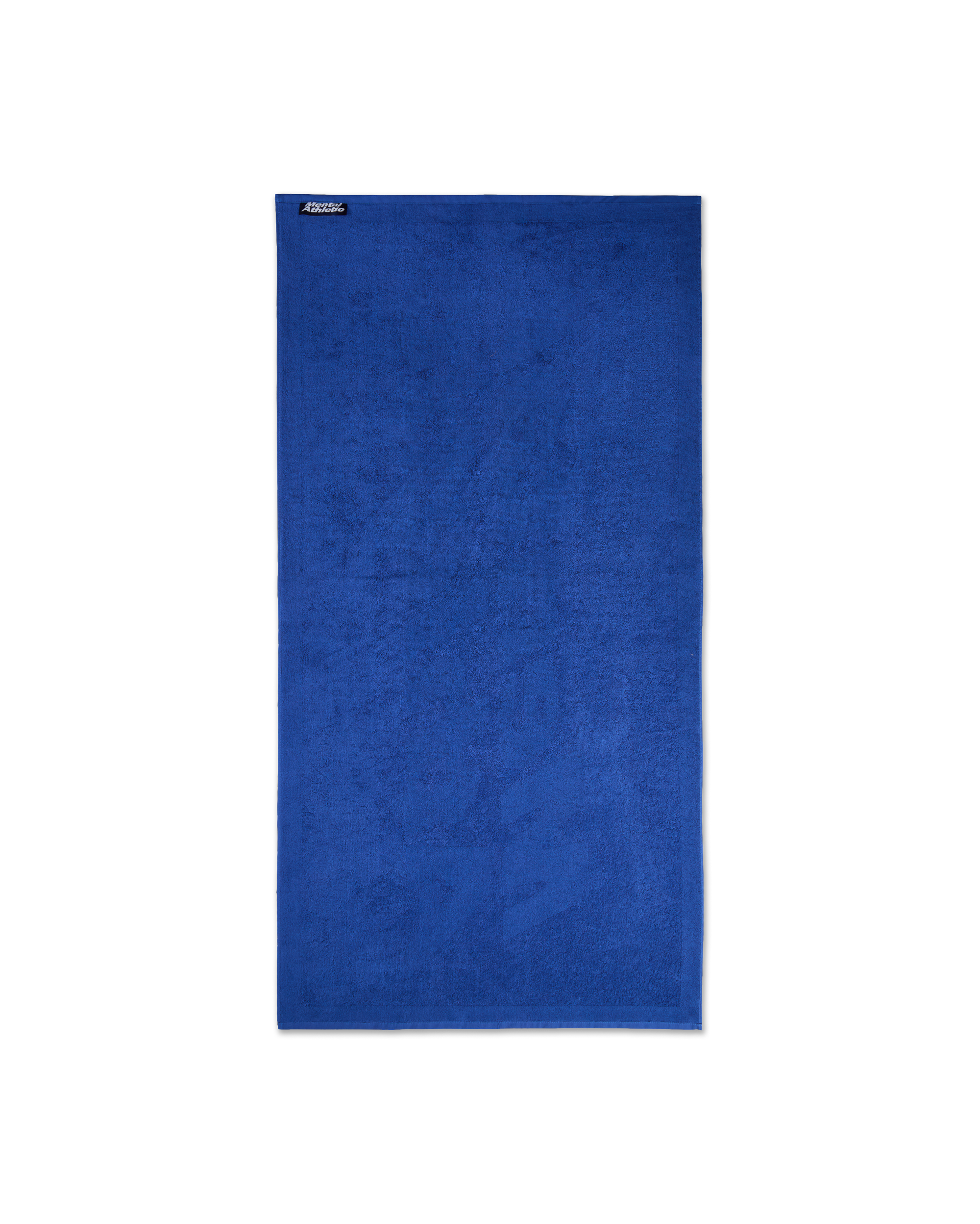 Full-length view of the blue cotton terry towel with a tonal Mental Athletic jacquard design.