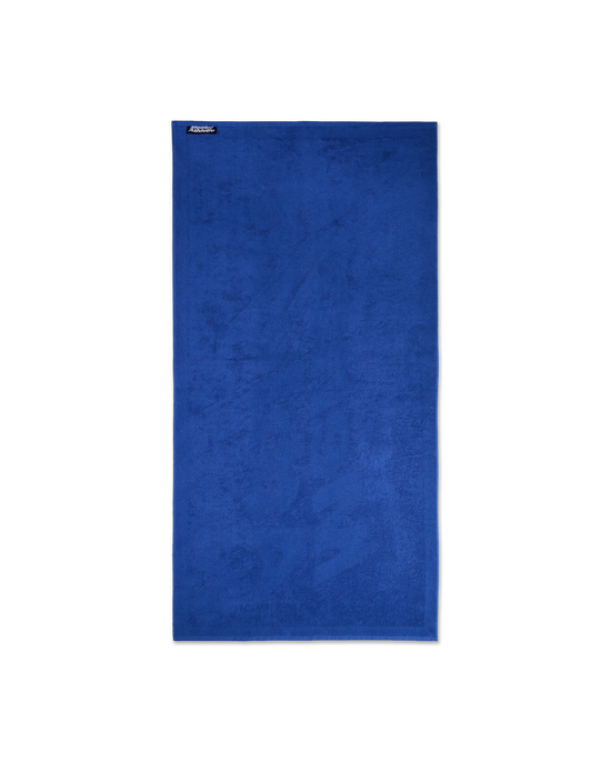 Full-length view of the blue cotton terry towel with a tonal Mental Athletic jacquard design.