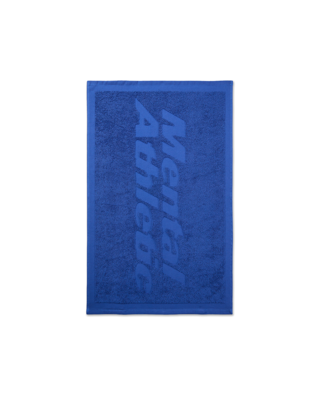 Front view of the small blue Mental Athletic jacquard towel, featuring a large tone-on-tone logo across the surface.
