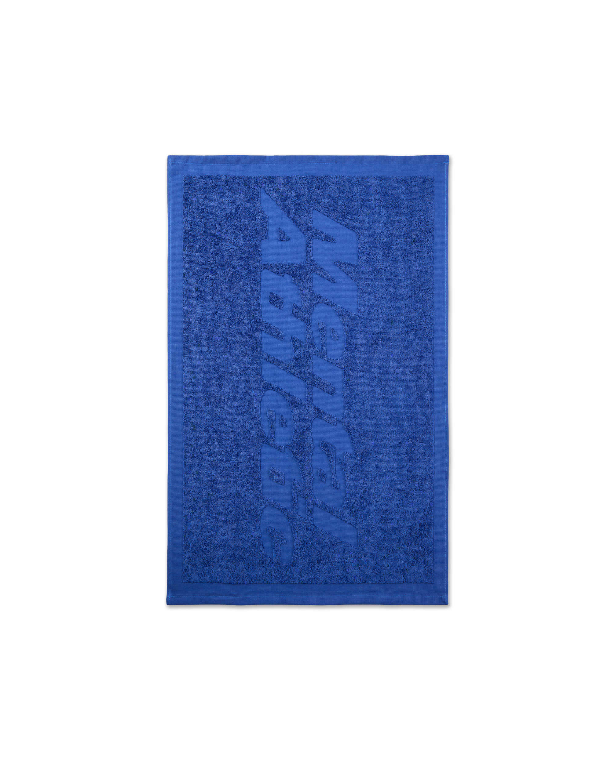 Front view of the small blue Mental Athletic jacquard towel, featuring a large tone-on-tone logo across the surface.