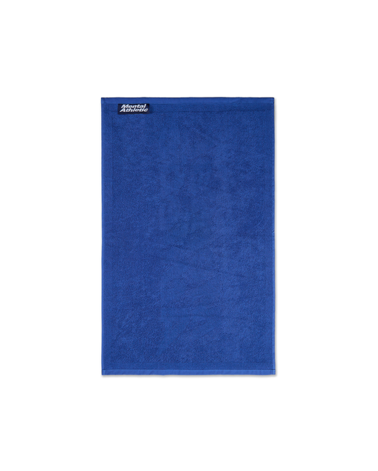 Full-length view of the small blue cotton terry towel with a tonal Mental Athletic jacquard design.