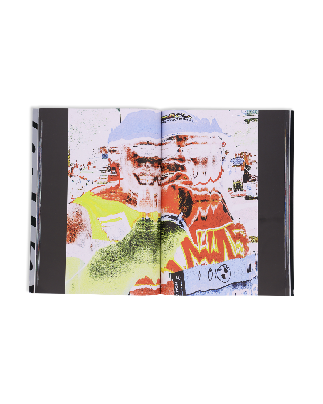 Vibrant internal spread mixing archival visuals and abstract artwork.