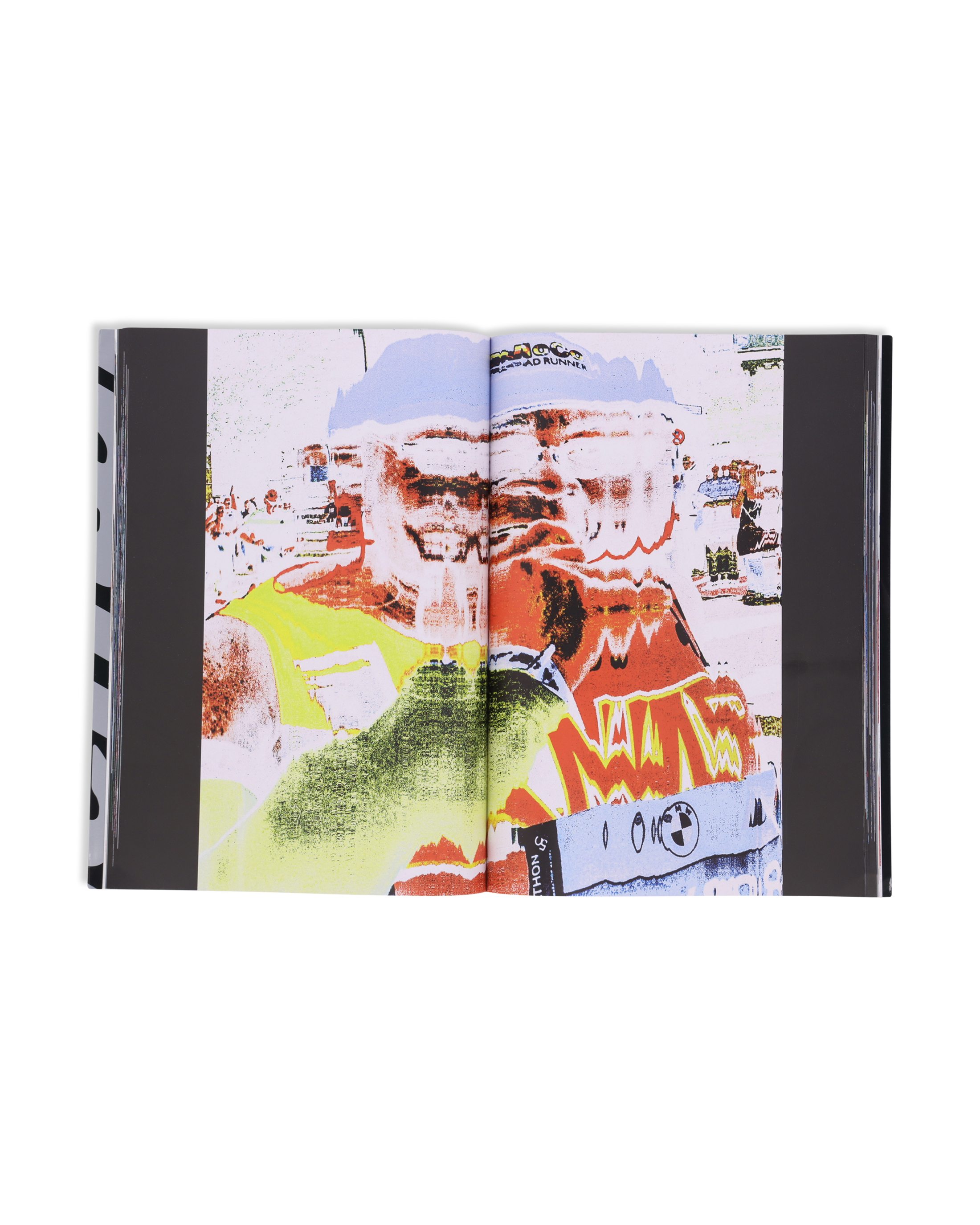 Vibrant internal spread mixing archival visuals and abstract artwork.